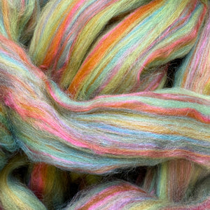 Close-up of multicolored yarn with pastel shades.